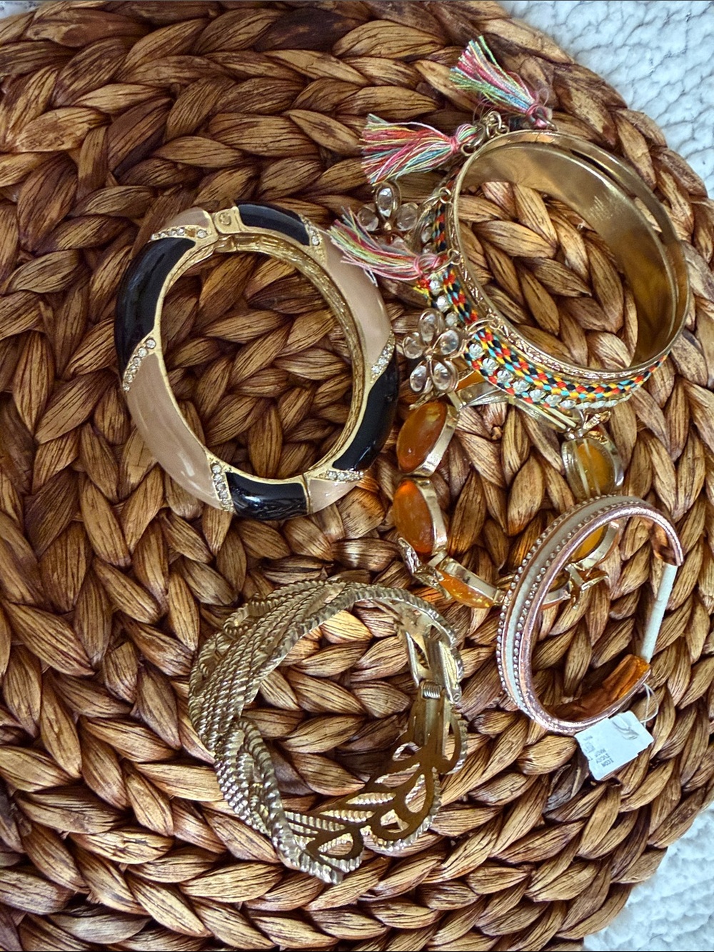 Mixed Gold-Tone, Beige-Black Multi-Accent Women’s Bangle Bracelet Bundle